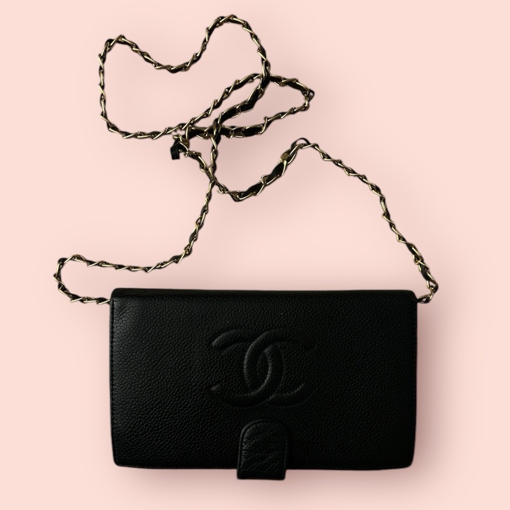 CHANEL | CC Flap Black Caviar Leather Wallet with Chain and COA